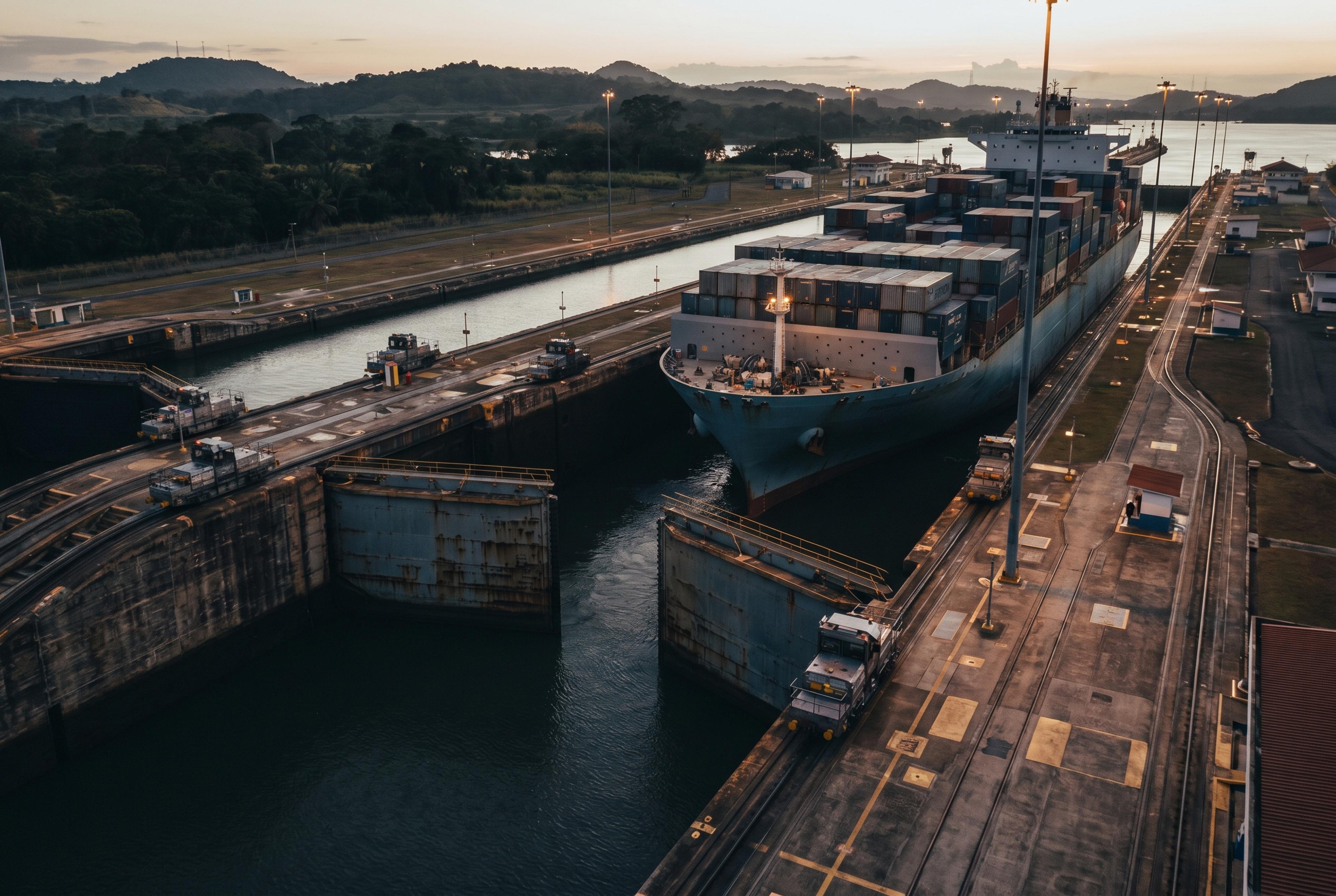 El Canal de Panama con un buque en las esclusas