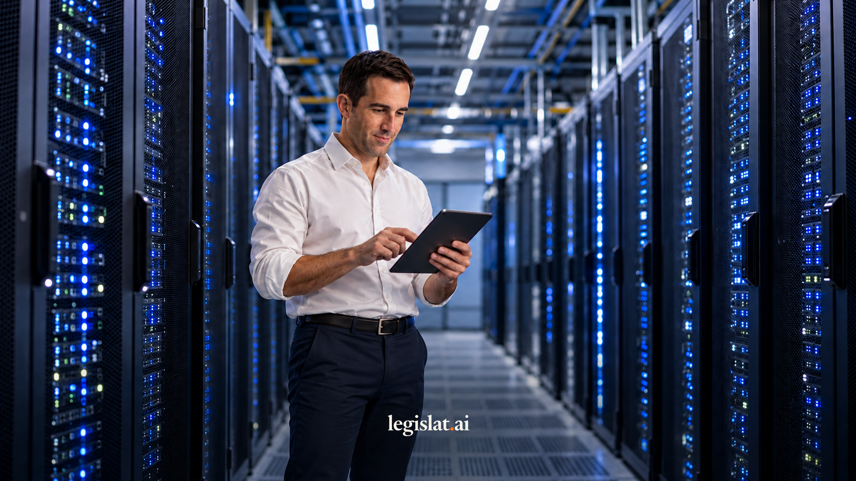 Imagen ilustrativa (IA): centro de datos y red eléctrica, con un integrante del equipo Legislat.