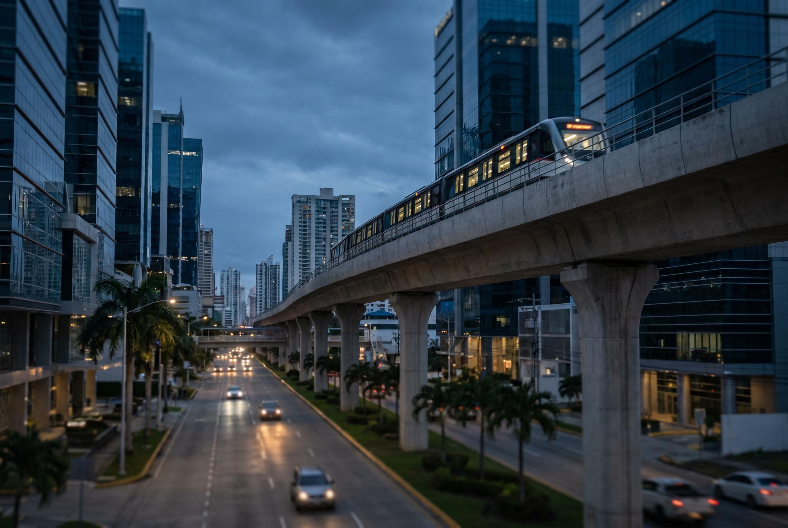 Un tren del Metro de Panama sobre un viaducto elevado