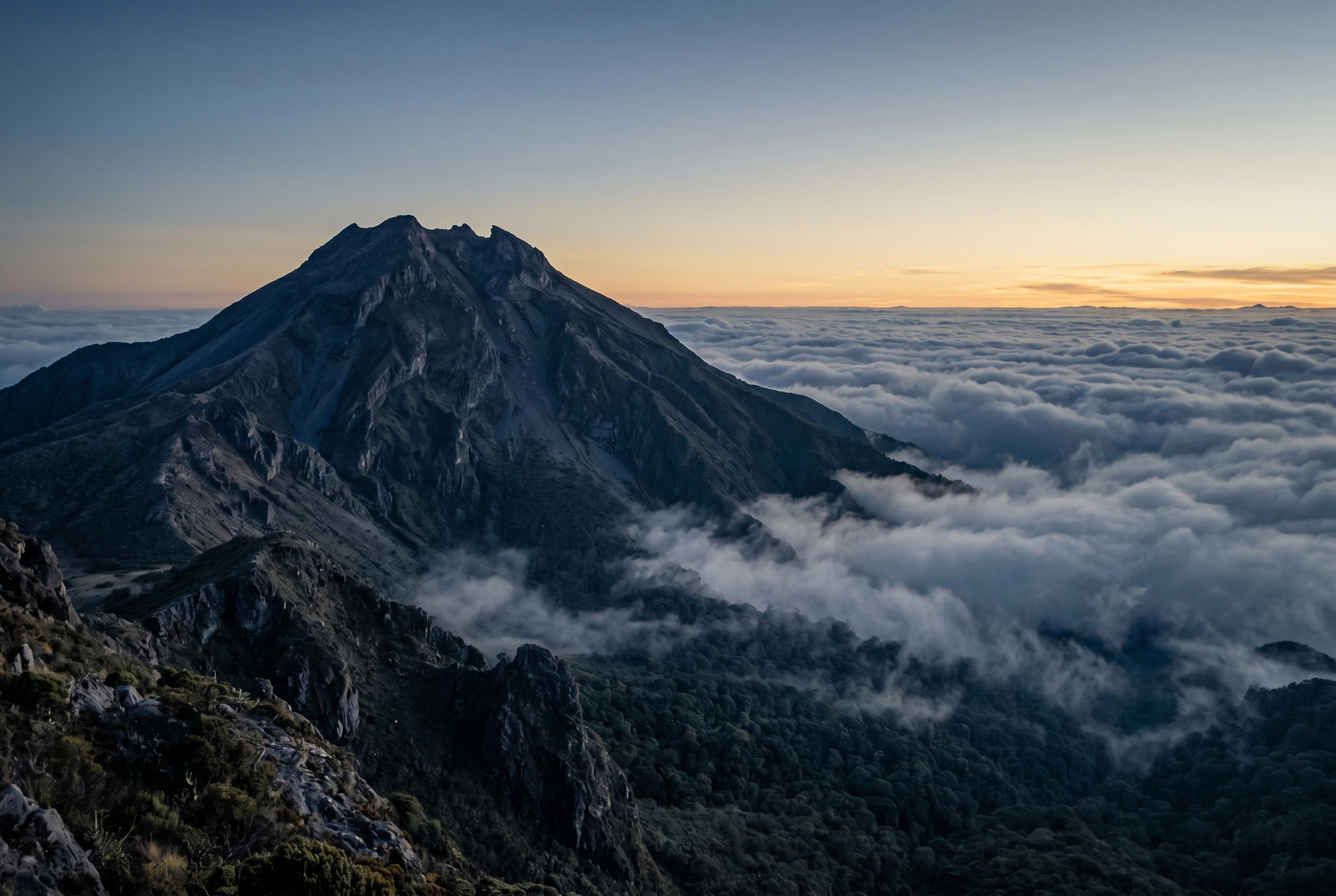 El Volcan Baru sobre un mar de nubes al amanecer