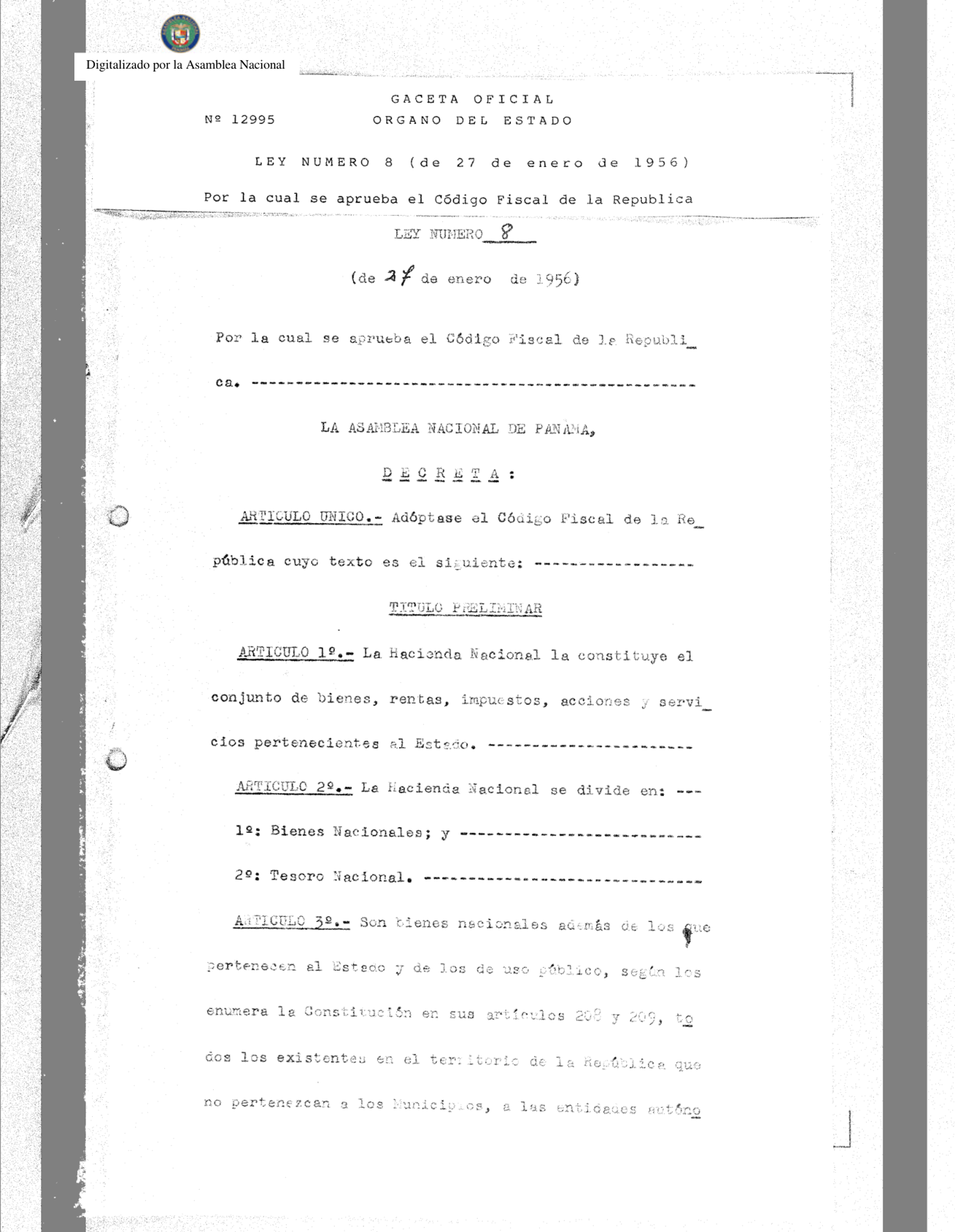 Primera página de la Gaceta Oficial N° 12995, donde se publicó la Ley 8 de 1956 que aprobó el Código Fiscal de la República