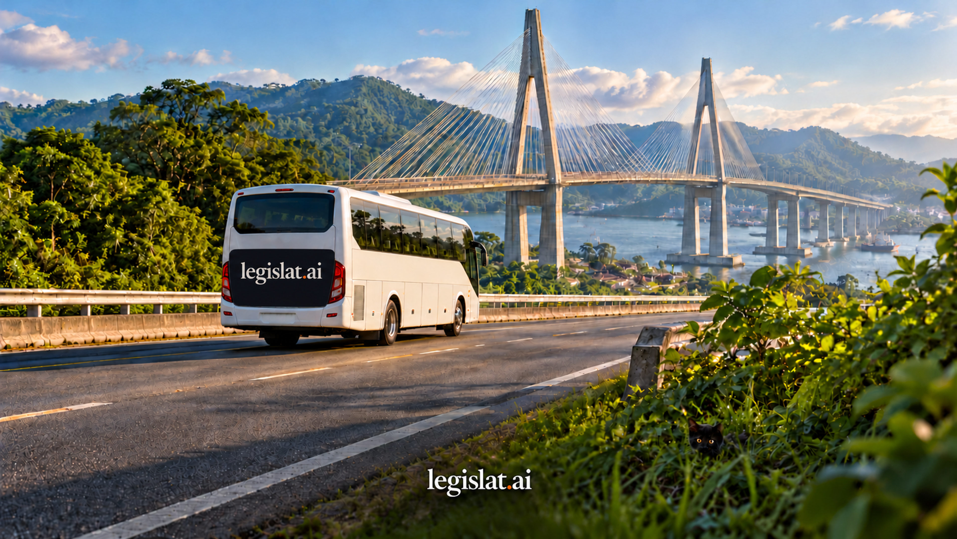 Ilustración editorial generada con IA: bus con el logo Legislat.ai. Escena conceptual sobre transporte y combustible.