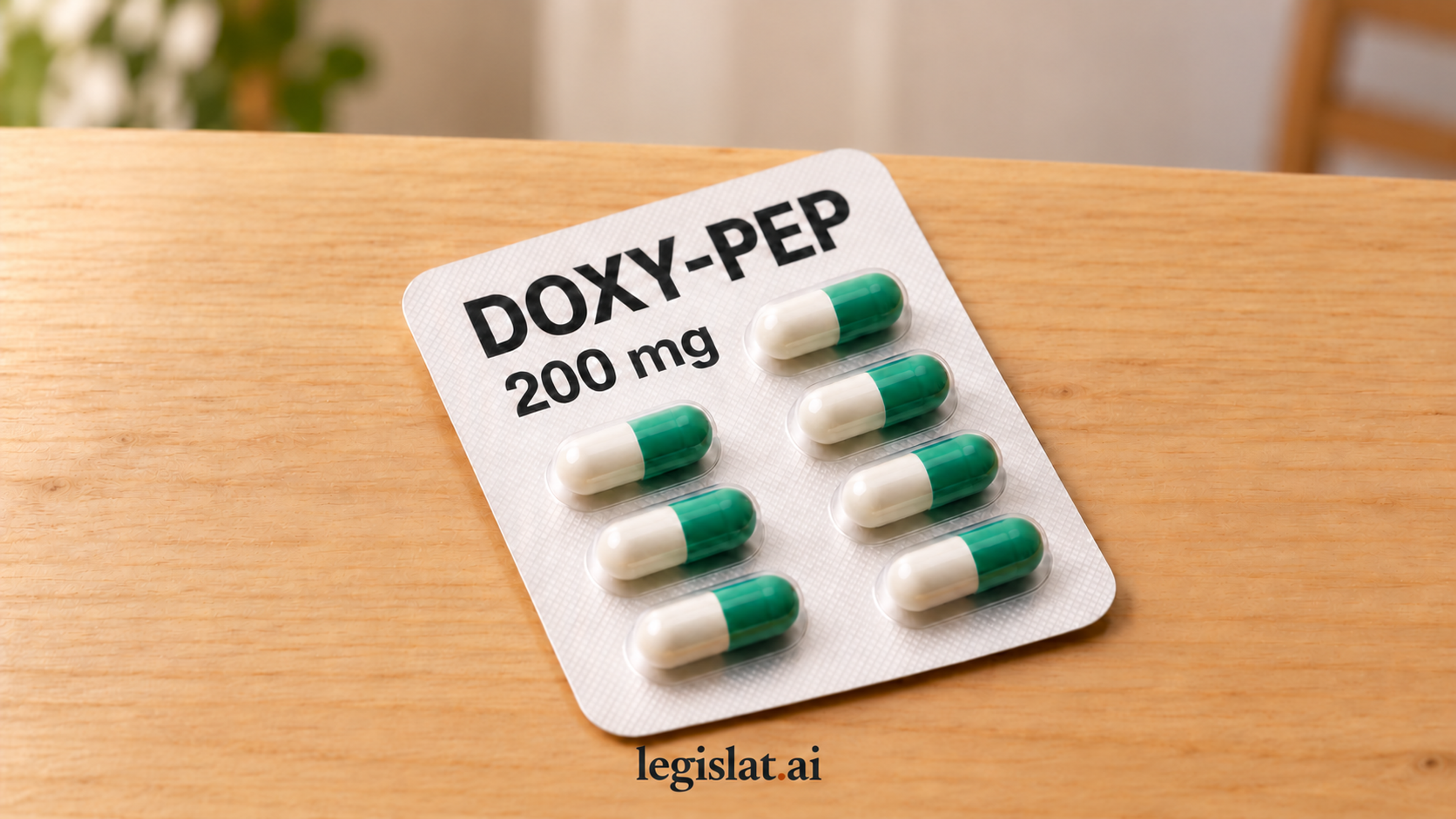 AI-generated editorial illustration of Doxy-PEP packaging, without people or a cat. It is not medical advice or dosing guidance.