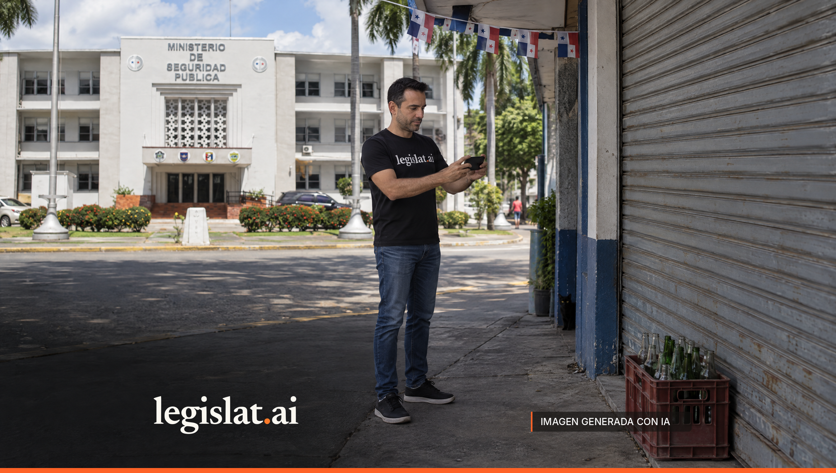 Una persona con camiseta negra de Legislat fotografía con su teléfono un comercio cerrado, frente a la sede del Ministerio de Seguridad Pública.