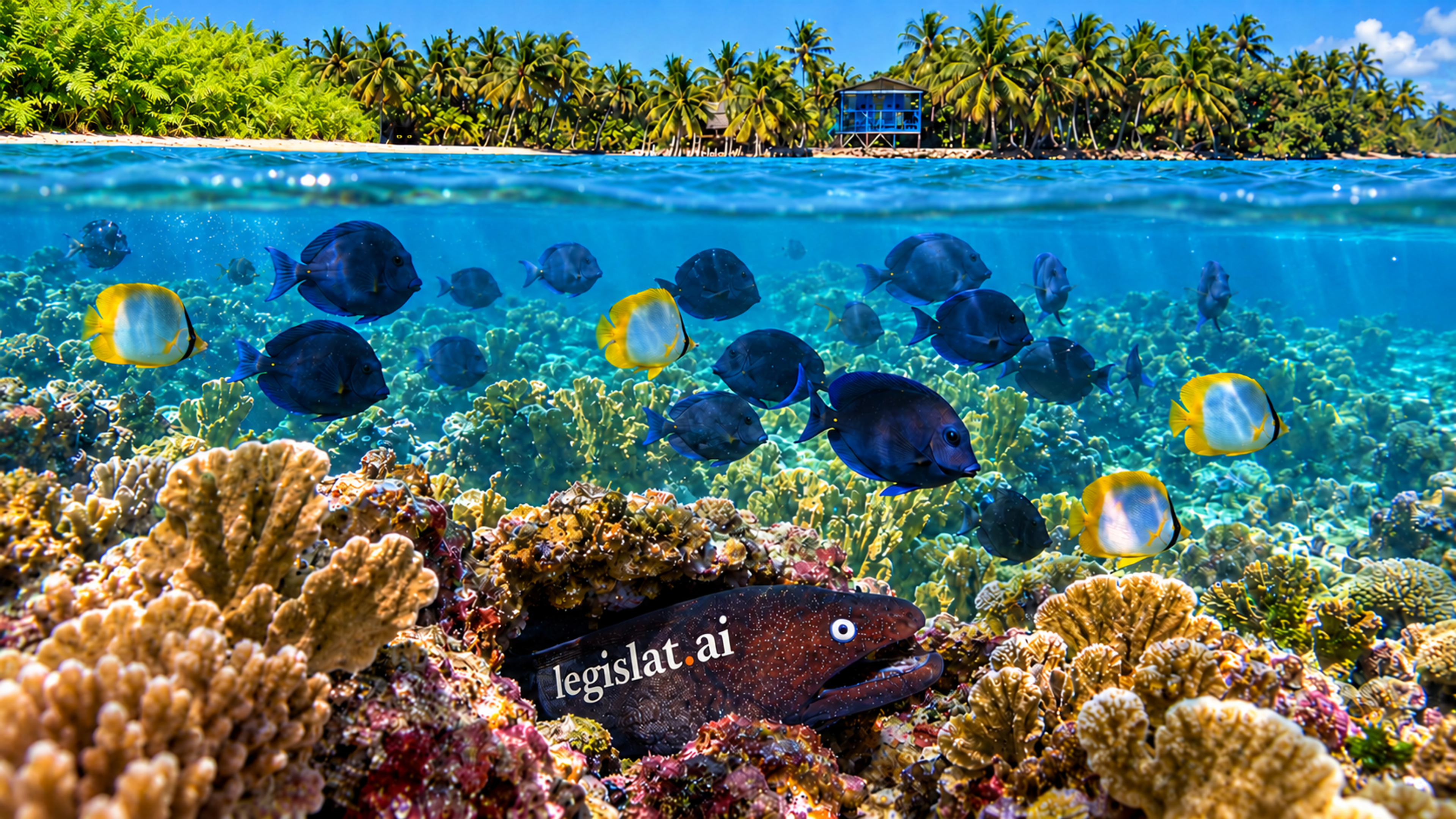 Ilustración editorial generada con IA: morena con el logo Legislat.ai entre arrecifes y peces tropicales. Escena conceptual, no fotografía documental.