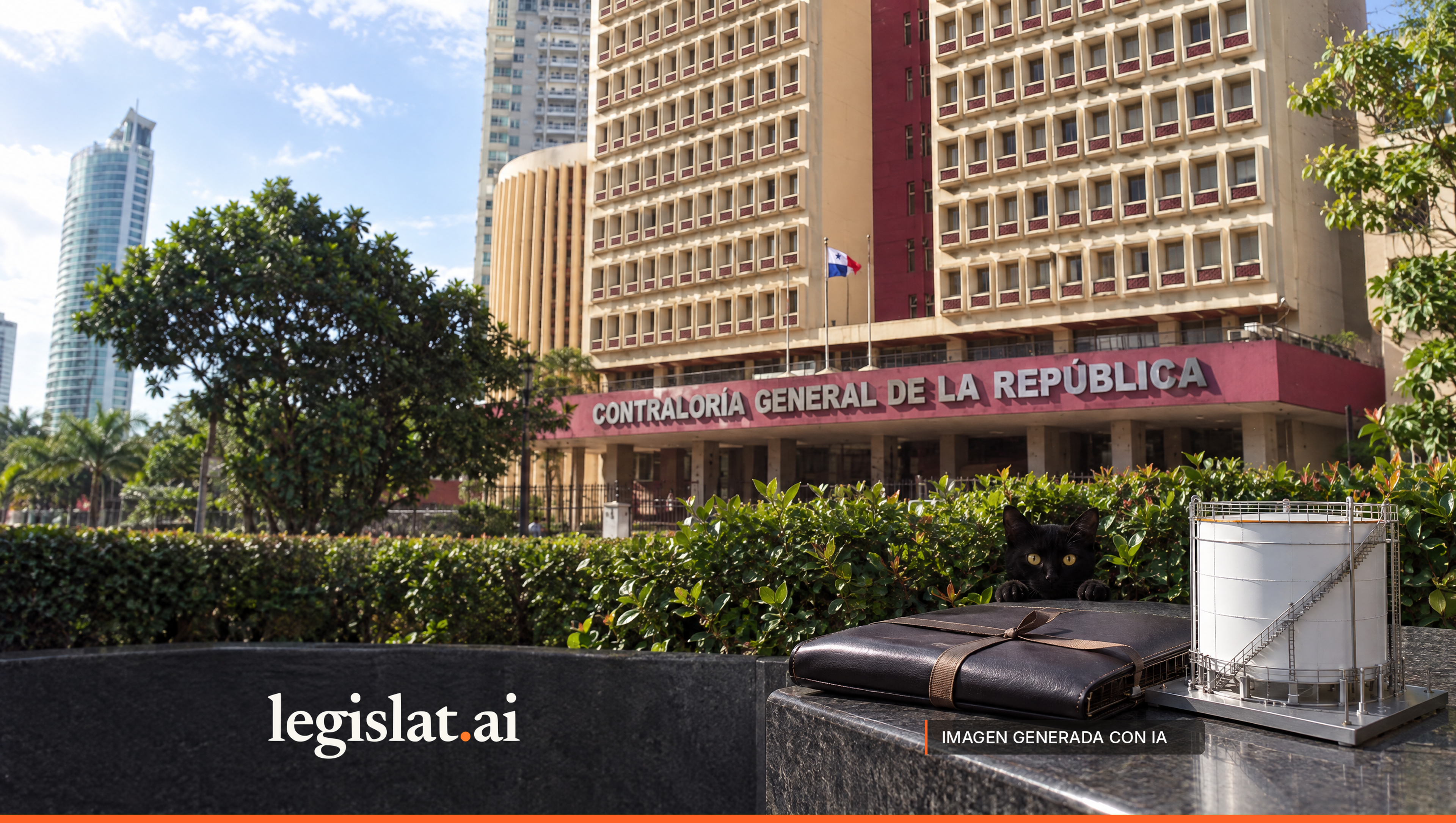 Sede de la Contraloría General de la República con su nombre en el edificio; en primer plano, un portafolio de cuero y una maqueta de tanque de almacenamiento sobre un muro oscuro, y un gato negro asomado en el seto.