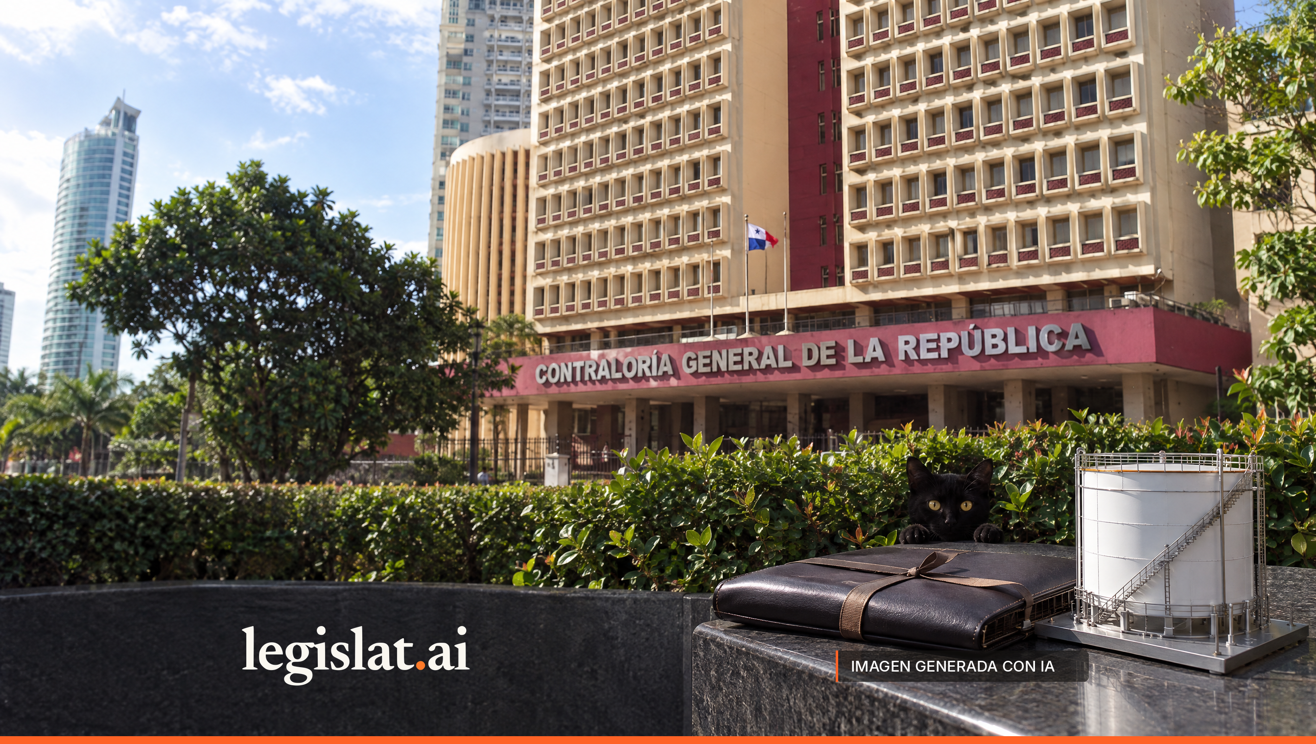 Sede de la Contraloría General de la República con su nombre en el edificio; en primer plano, un portafolio de cuero y una maqueta de tanque de almacenamiento sobre un muro oscuro, y un gato negro asomado en el seto.