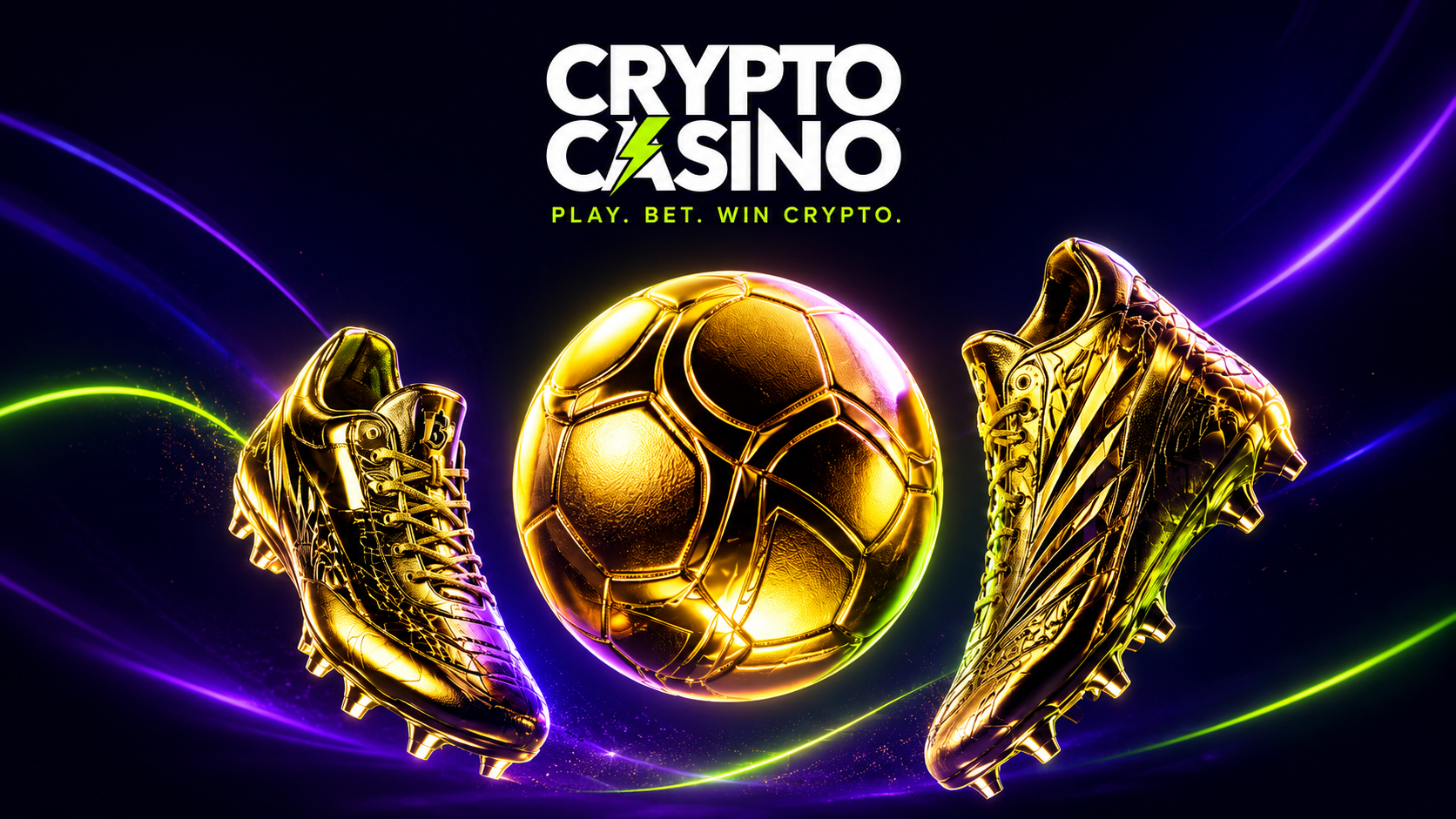 CryptoCasino FIFA World Cup 2026 promo image with a golden football, gold boots, and neon purple, blue, and green lighting