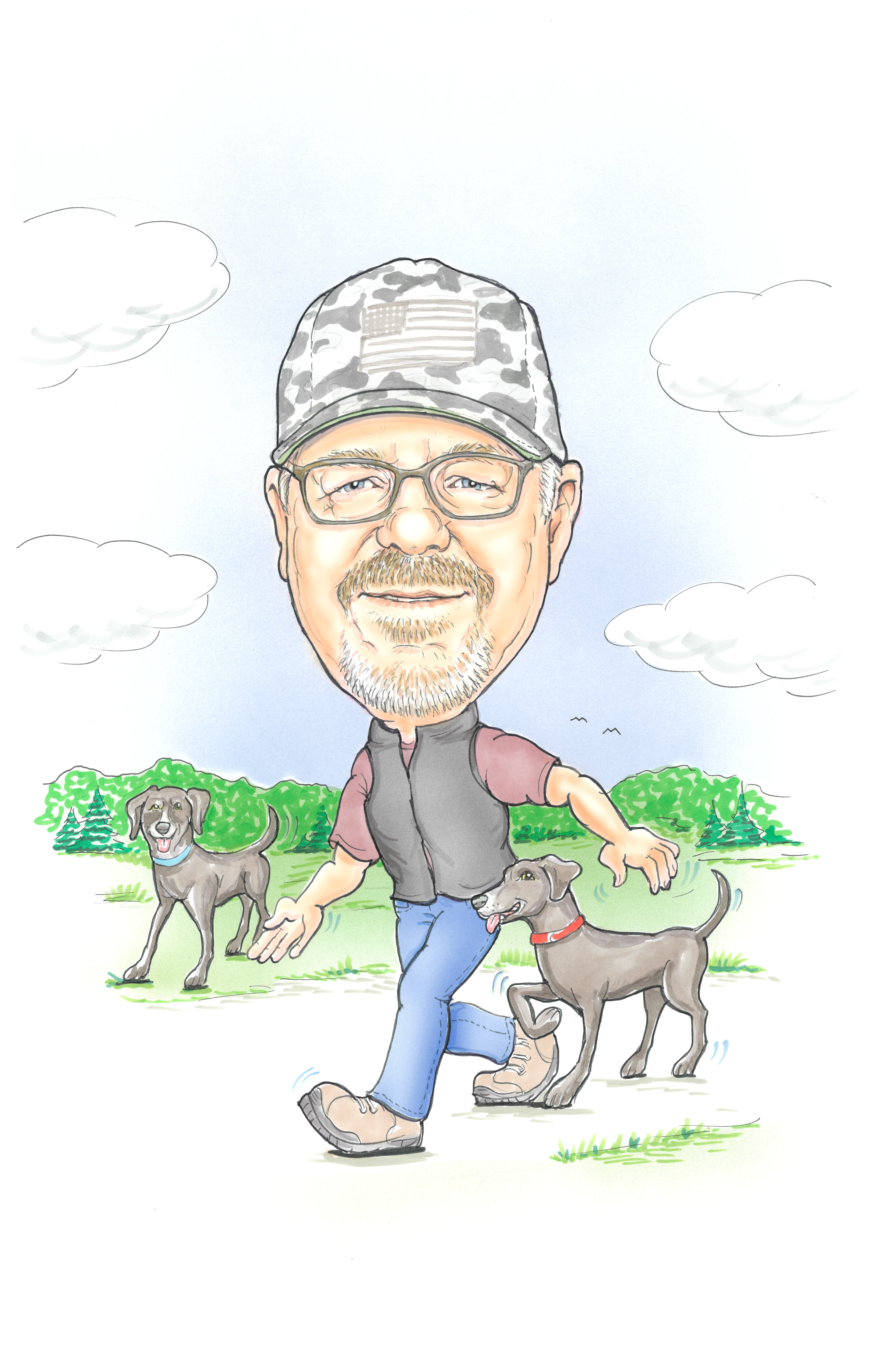 Keith Donoho walking outdoors with two dogs on a trail.