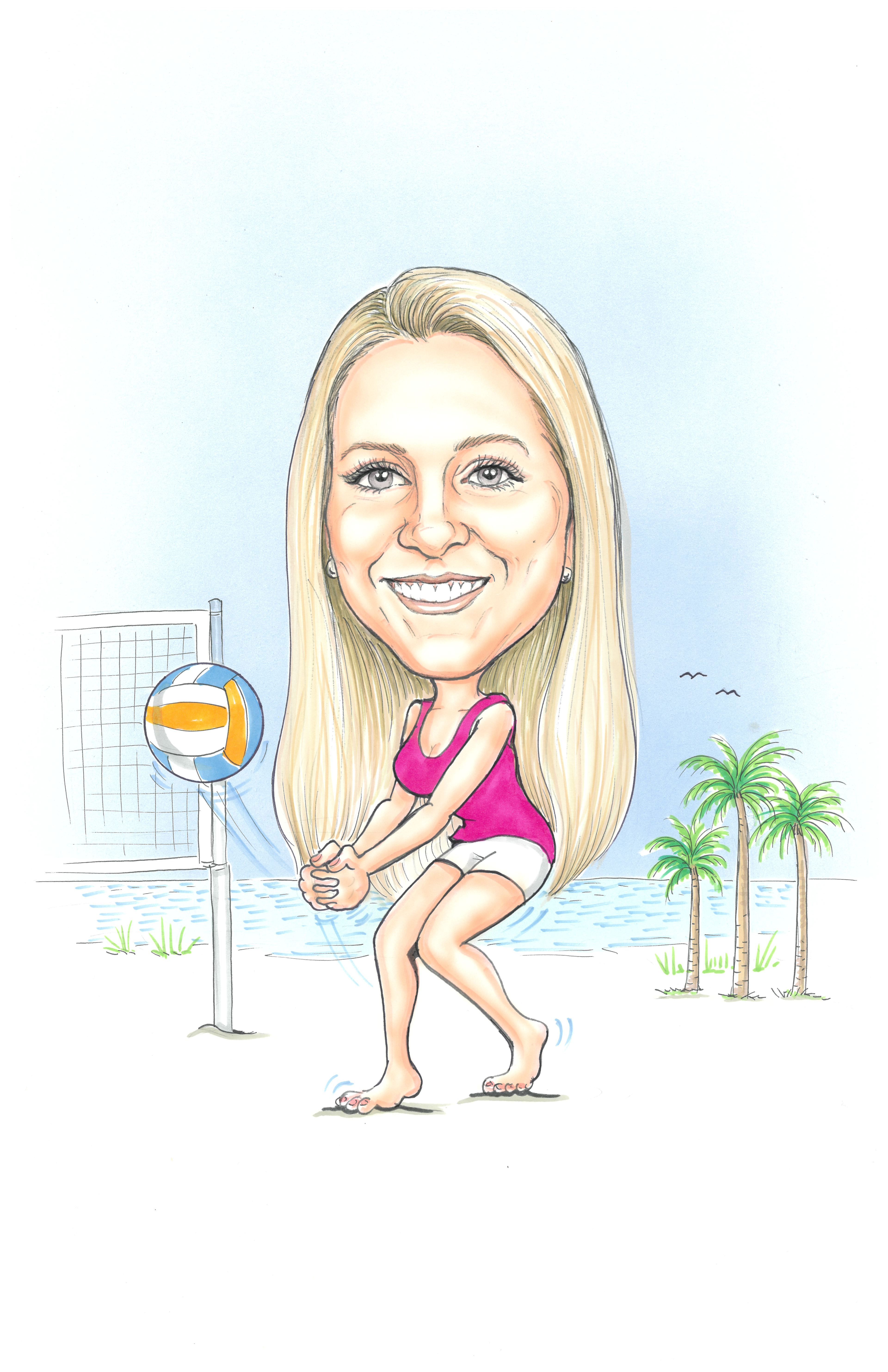 Hailey Baumann sitting near a beach volleyball net with a volleyball and palm trees behind her.