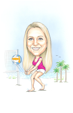 Hailey Baumann sitting near a beach volleyball net with a volleyball and palm trees behind her.