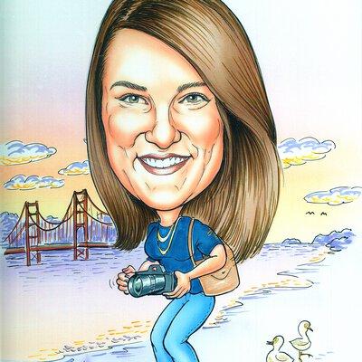 Caricature of Megan Jones taking photographs of the Golden Gate Bridge while visiting San Fransisco.