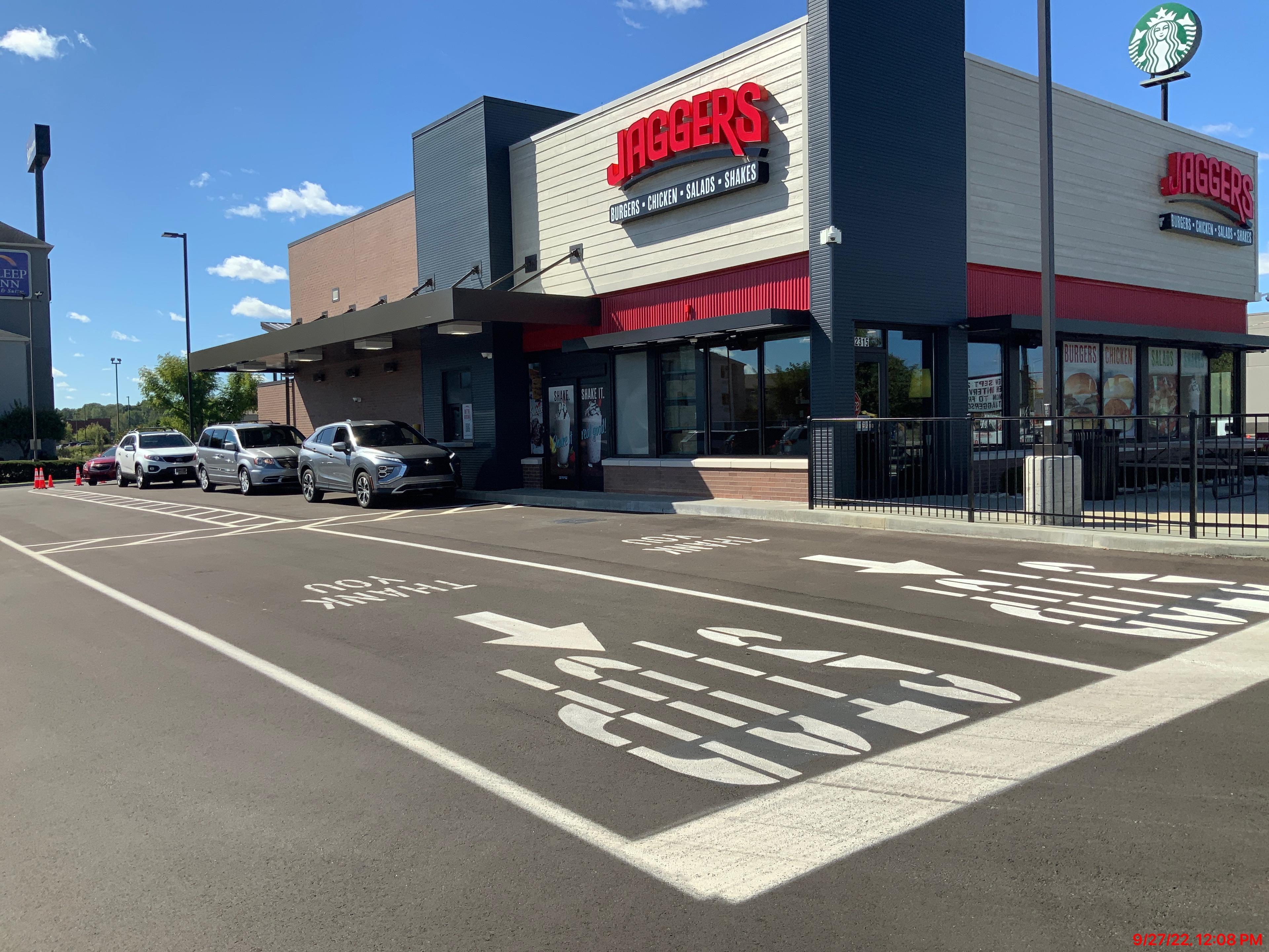 Exterior view of the drive thru at Jaggers restaurant in Columbus, IN.