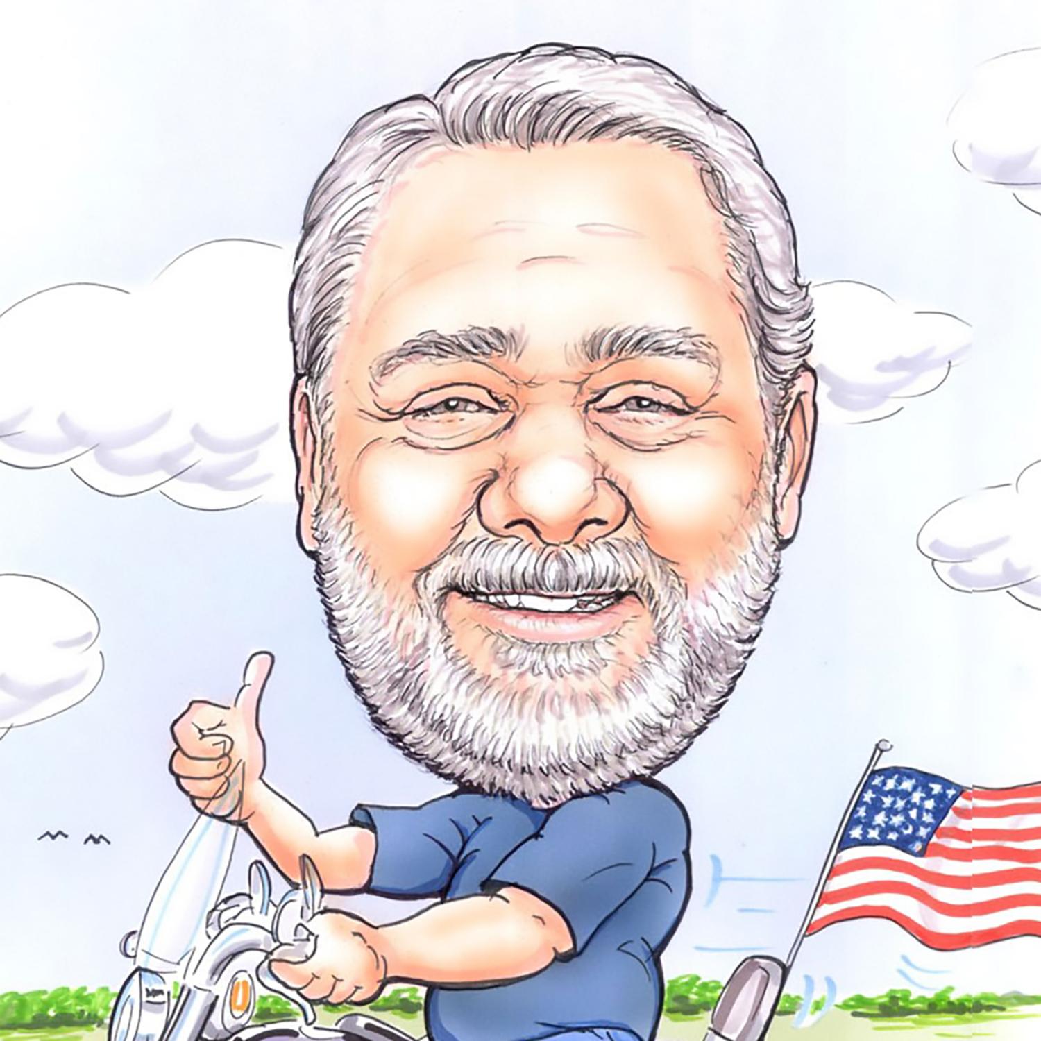 Caricature of Robert Callahan riding his motorcycle with an American flag flowing in the wind on the back.