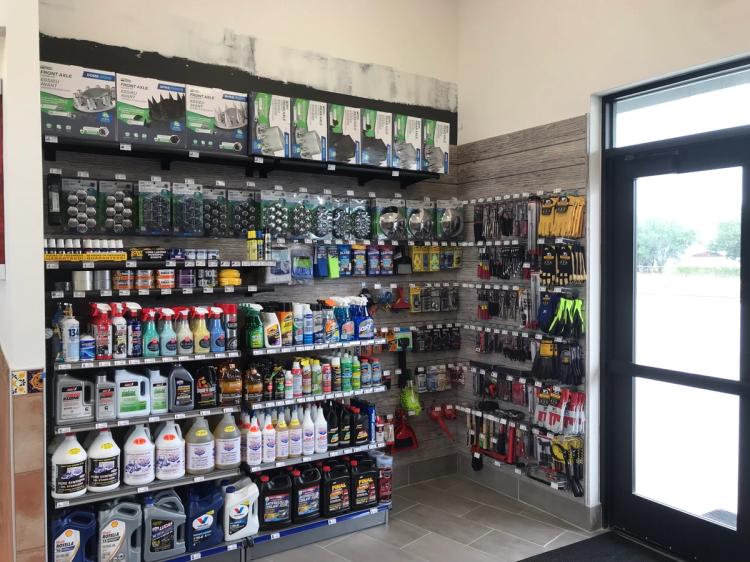 Retail shelves inside of the Victron Fuel food mart in Mercedes, TX.