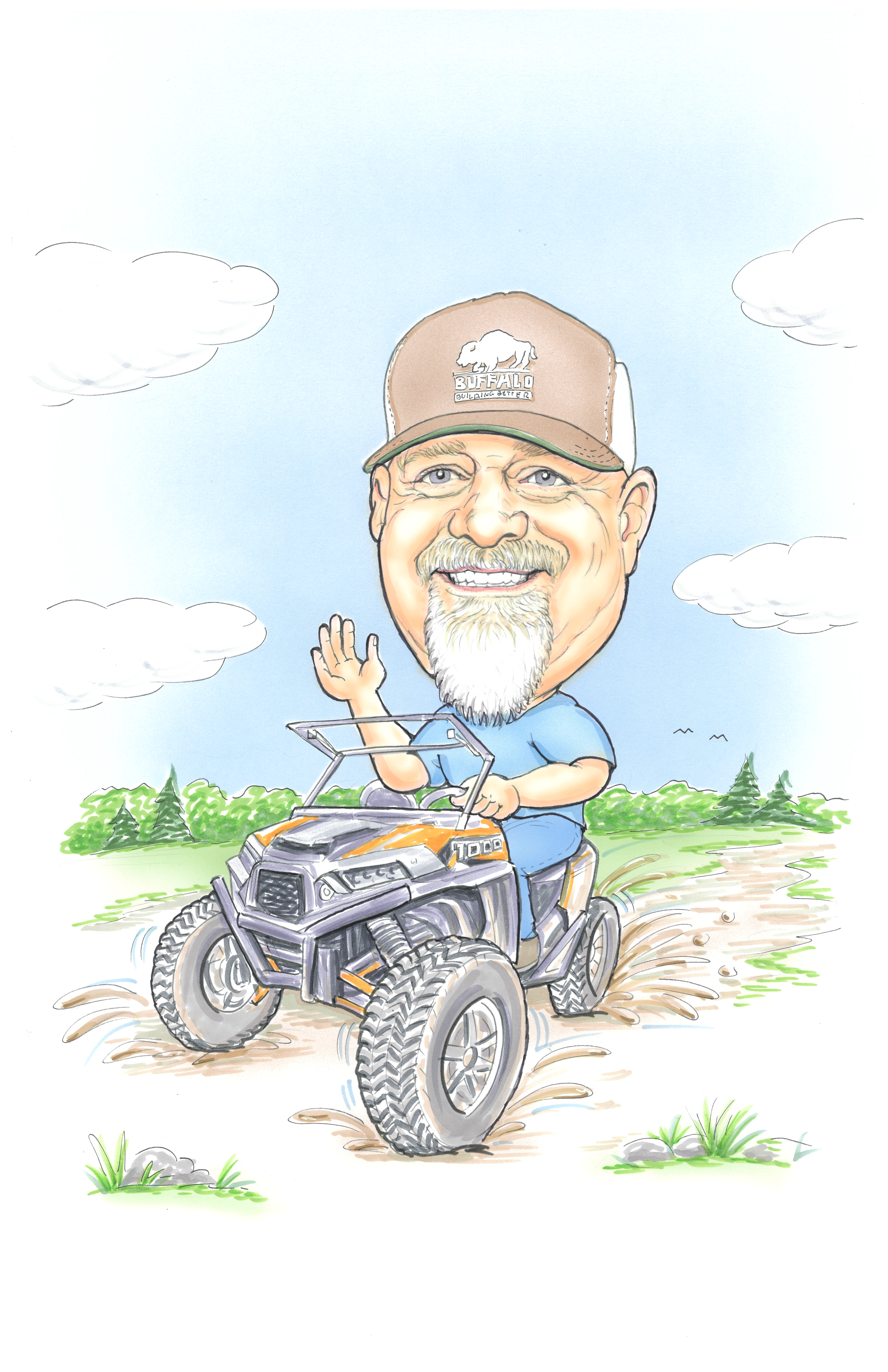 Caricature of Jason Dillard waving and riding his utility vehicle.