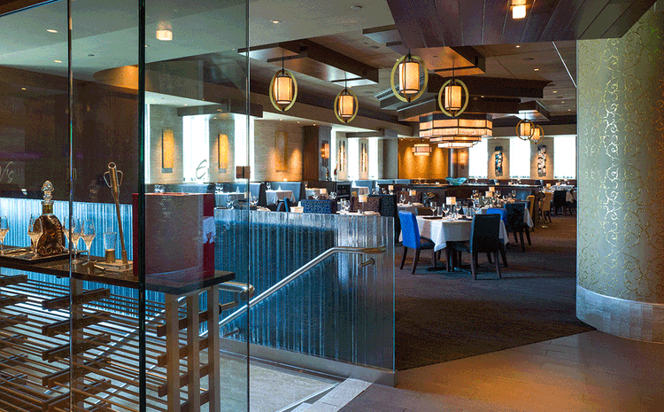 Upstairs seating at Eddie V's restaurant in Boston, MA.