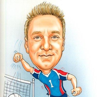 Caricature of Chris French spiking a volleyball over the net and wearing a number 1 jersey.