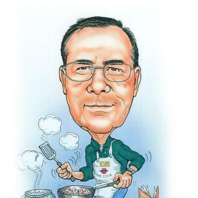 Caricature of Don Johnson grilling shrimp in his backyard with a book open beside him.