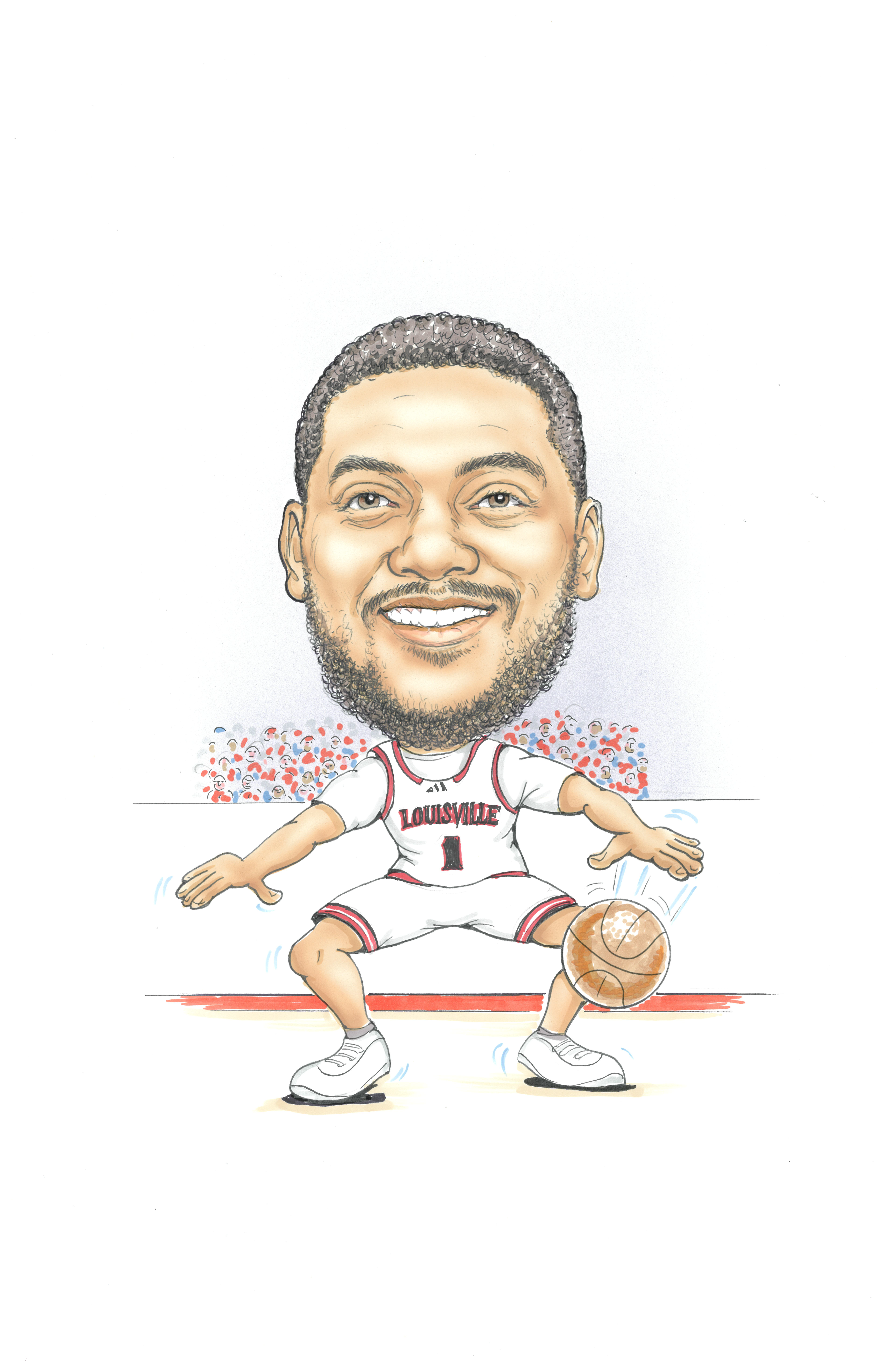 Major Bell playing basketball on a court wearing a Louisville jersey.