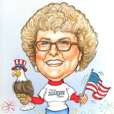Caricature of Sarah Sheilley holding a bald eagle and U.S. flag, while wearing a Proud Marine Mom t-shirt.