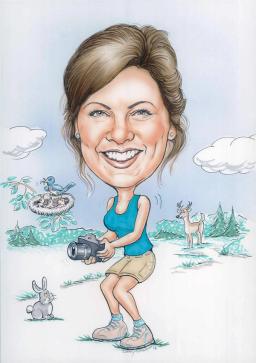 Caricature of Lauren Aberli photographing wildlife in a forest, surrounded by birds, bunnies and a deer.