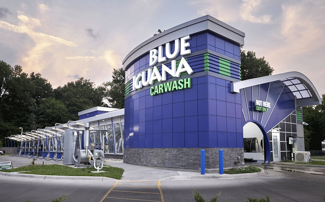 Exterior view of the Blue Iguana Car Wash in Louisville, KY.