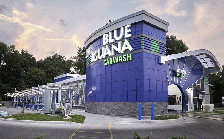 Exterior view of the Blue Iguana car wash in Louisville, KY.
