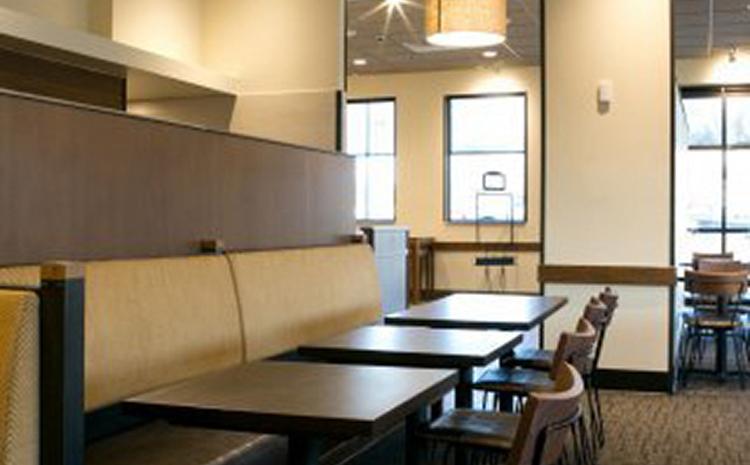 Booth seats in the Panera Bread dining room.