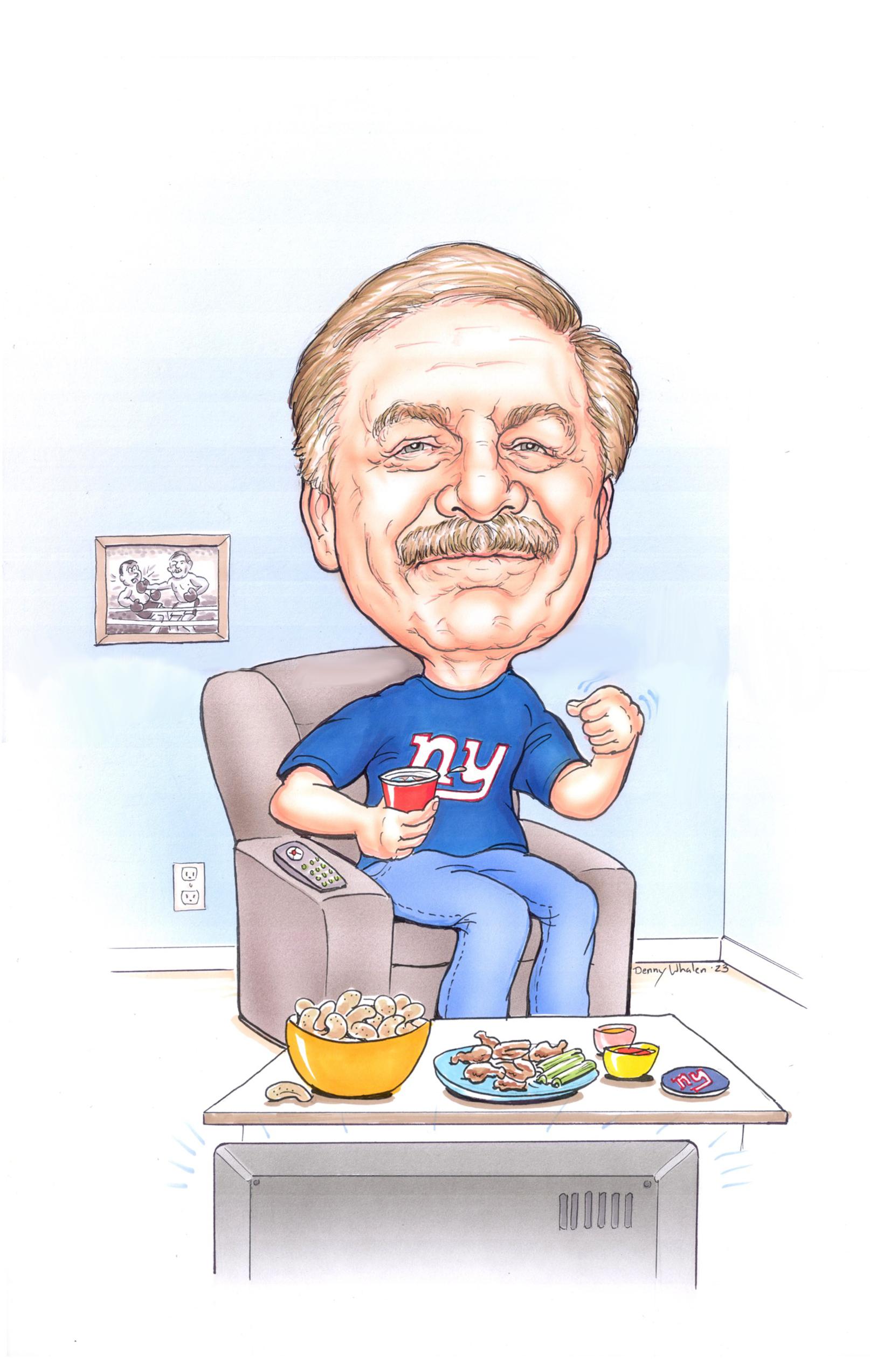 Caricature of Kevin Stoughton sitting in a recliner with food on the table in front of him, wearing a New York giants jersey.