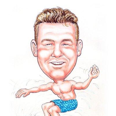 Caricature of Andy Gregor surfing it up on some waves.