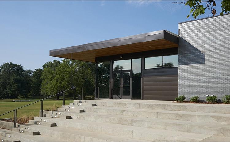 Outdoor stairs and alternate angle of front lobby in the Saint Francis School.