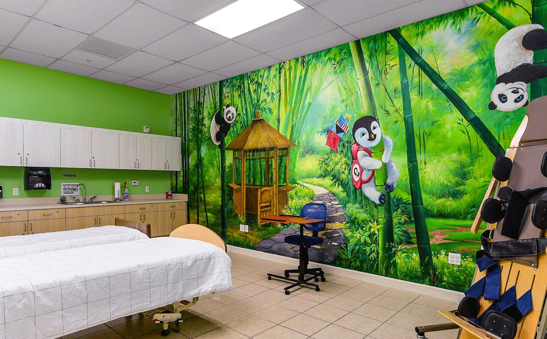 Bamboo-themed patient room at the Advanced Care Pediatrics facility in Port St. Lucie, FL.