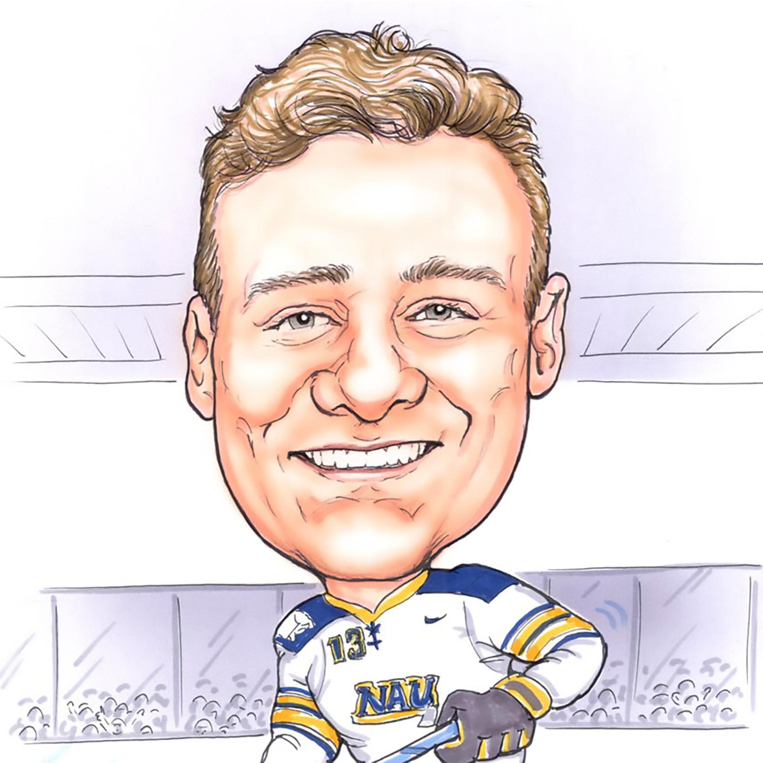 Caricature of Mitchell Tulk playing ice-hockey for the US Naval Academy.