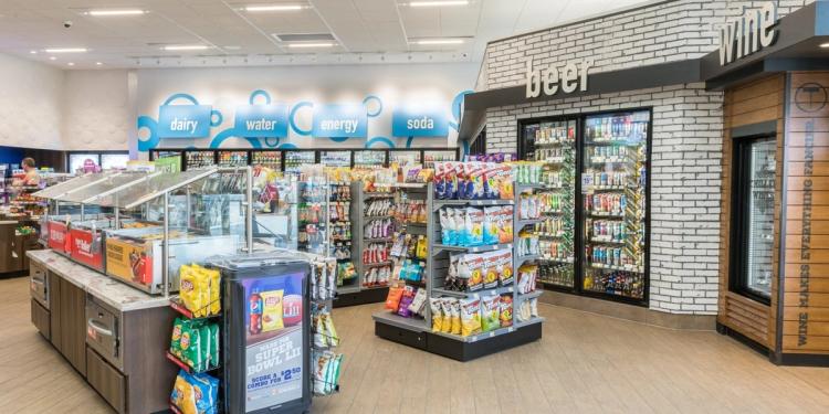 Snack displays and drinks inside the RaceTrac gas station.