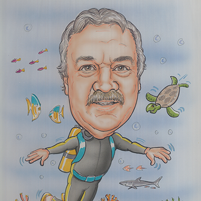 Caricature of Steve Fordenbacher scuba diving with a shark, a deep sea turtle, an array of fish and other marine life.
