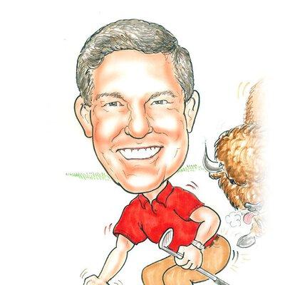 Caricature of Scott Gregor golfing with Roman the Buffalo in the background.