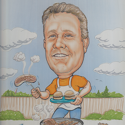 Caricature of Art Glynn grilling steaks and burgers with his dog by his side.