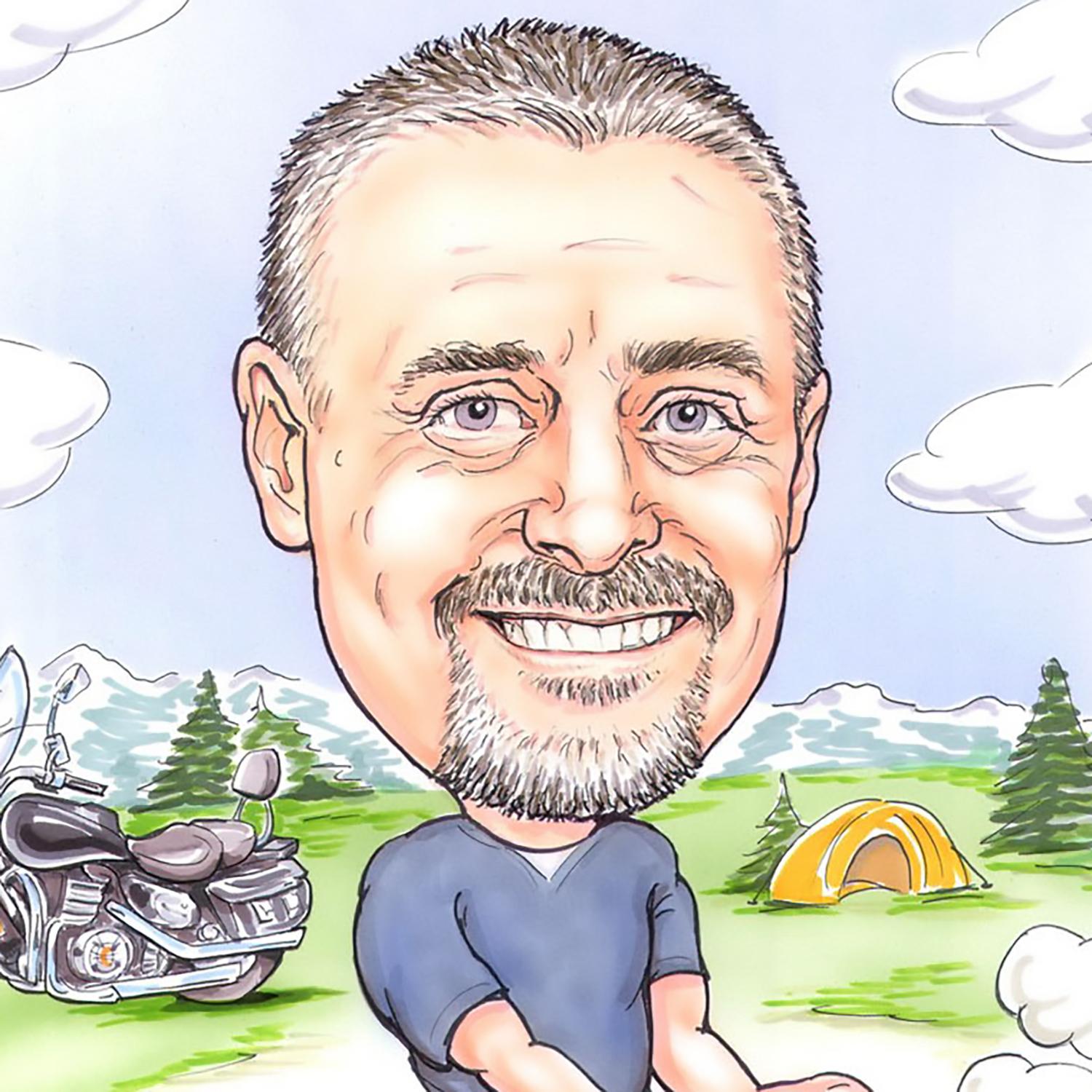 Caricature of Mark Cassady camping with his motorcycle in the mountains.