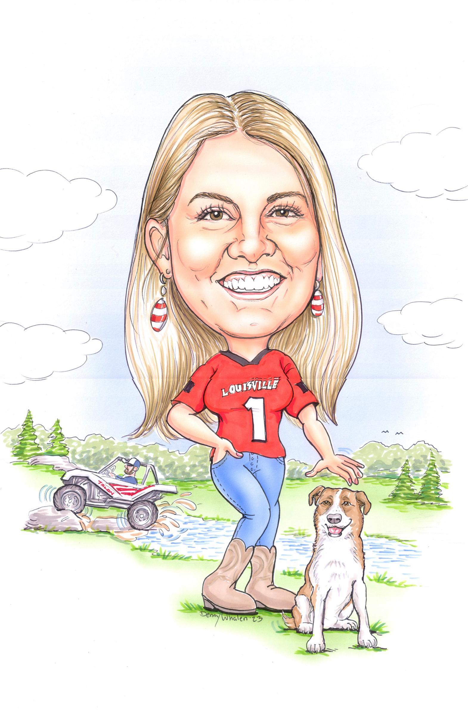 Caricature of Jessica Wafzig wearing a U of L jersey while outdoors with her dog and parked ATV.