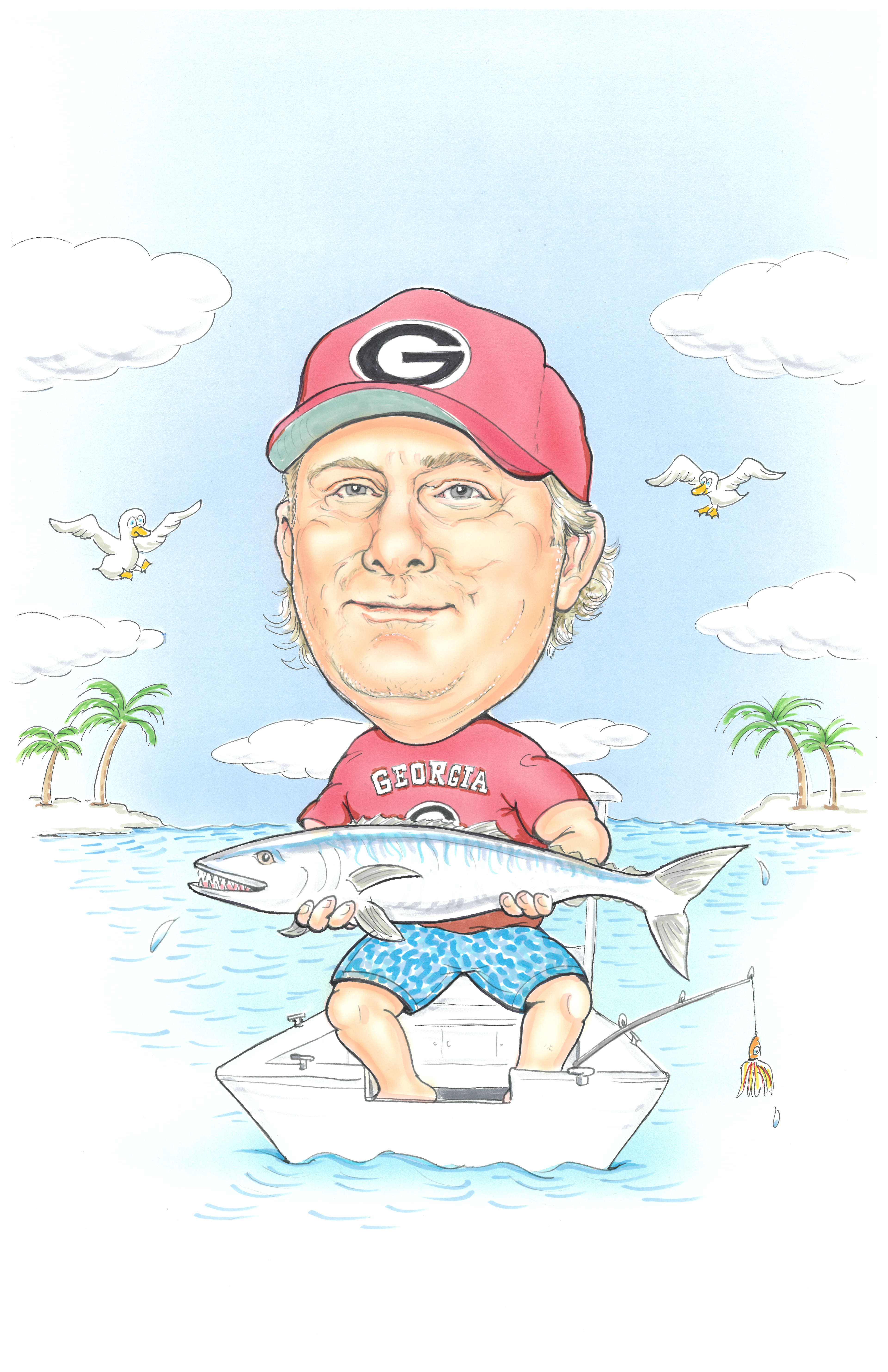 Caricature of Chad Carson wearing UGA gear, holding a large fish while fishing from his boat.