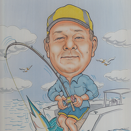 Caricature of Damon Hourihan deep sea fishing on his boat, while reeling in a sword fish.