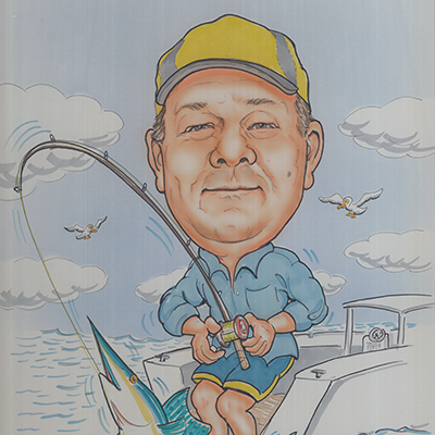 Caricature of Damon Hourihan deep sea fishing on his boat, while reeling in a sword fish.