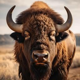 Roman A. Buffalo surrounded by land, looking pensive.