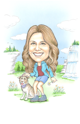 Caricature of Lee hiking with her dog Margo.