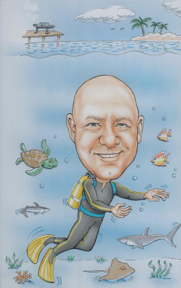 Caricature of Tony Dulceak scuba diving with an array of fish and other sea creatures.