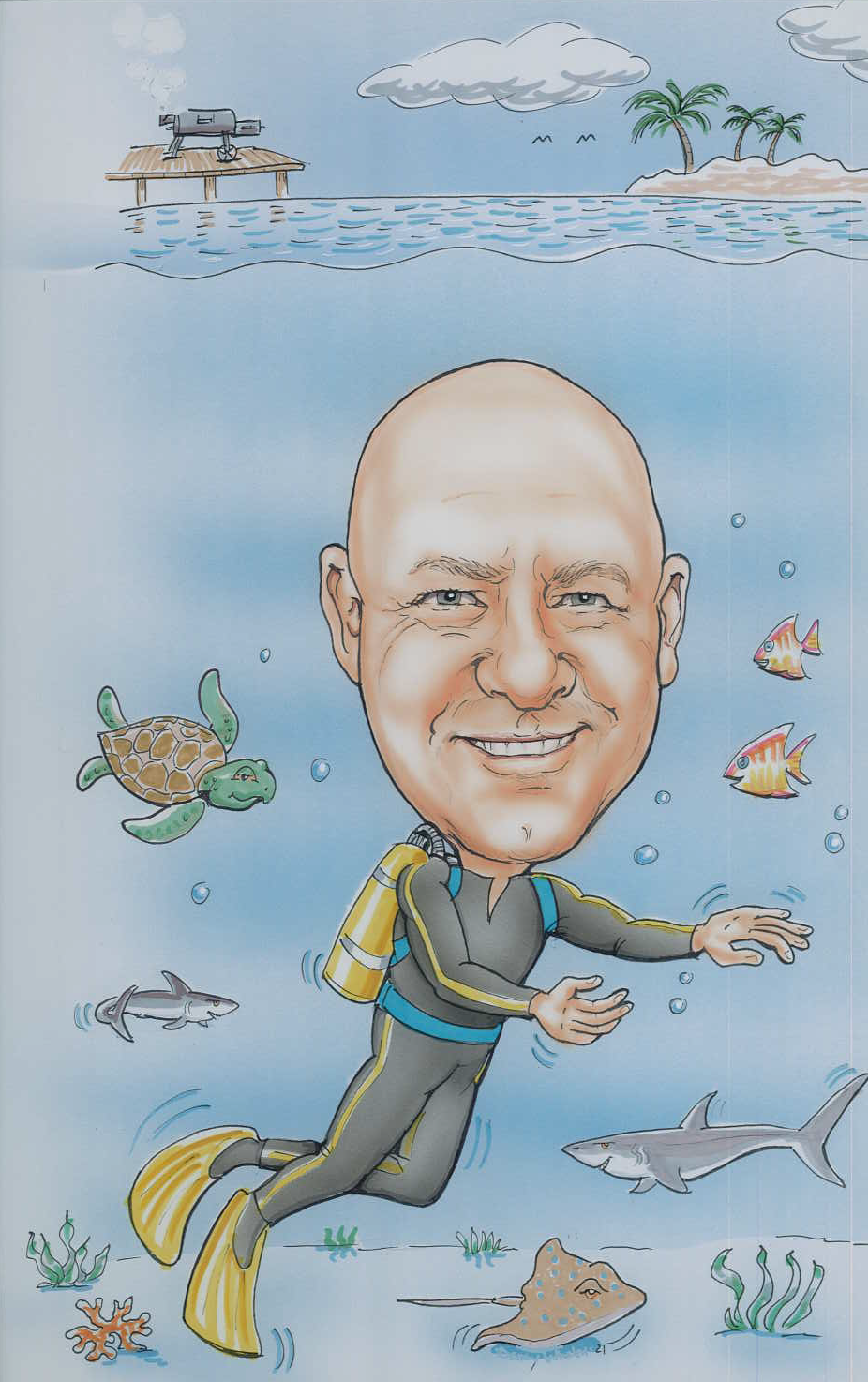 Caricature of Tony Dulceak scuba diving with an array of fish and other sea creatures.