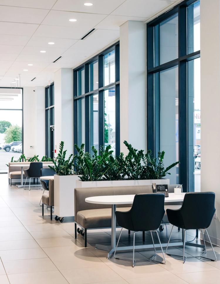 Completed dealership customer area with floor-to-ceiling windows, booth seating, indoor planters and modern finishes.