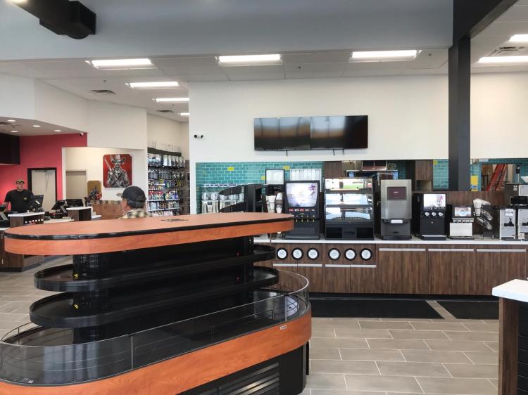 Coffee and miscellaneous shelves at the Victron Fuel food mart in Mercedes, TX.
