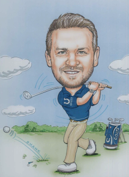 Caricature of Chris Dickerson golfing while wearing a Colts polo, he just finished his swing and the ball is in air.